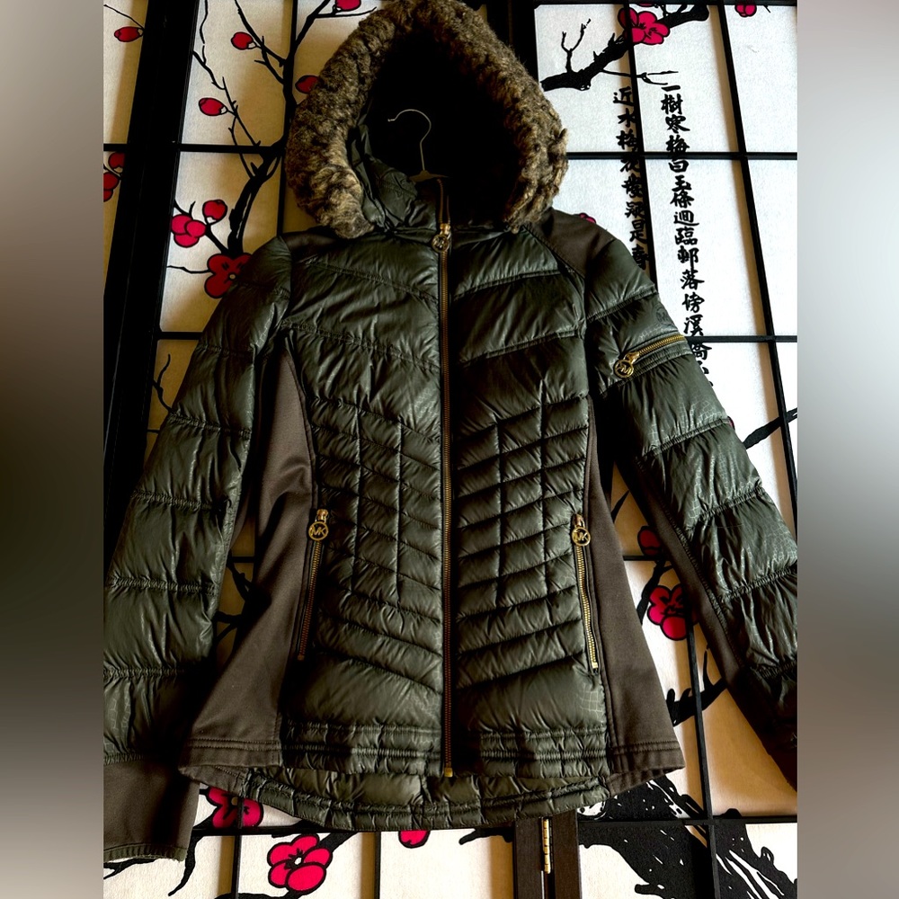 Michael Khors Olive Puffer Coat with Faux Fur Hood